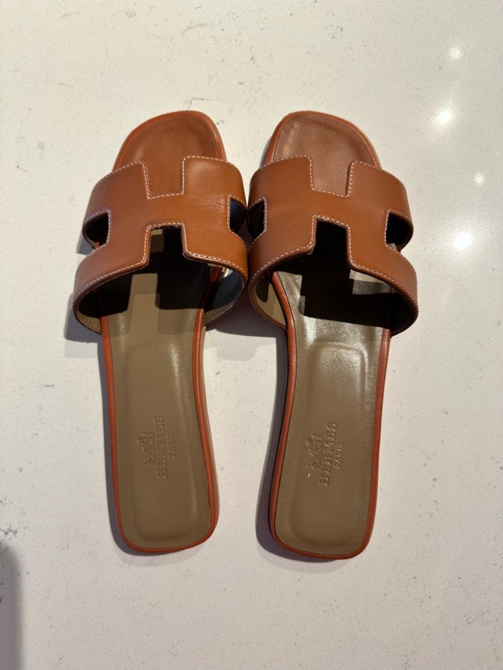 Hermès Oran Tan Brown Leather H Slide Sandals - Picture 2 of 8